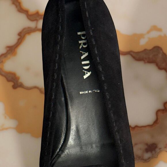 Vintage Prada Black Suede Kitten Heel Bow Detail Slip On Loafer Size 37 US 7 - Picture 9 of 13